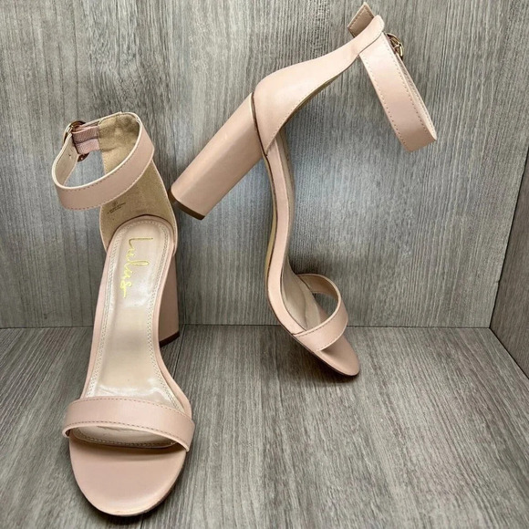Lulus Sandals Womens Sz 9 Open Toe Ankle Strap High Heel Faux Leather Nude Beige - Picture 7 of 11